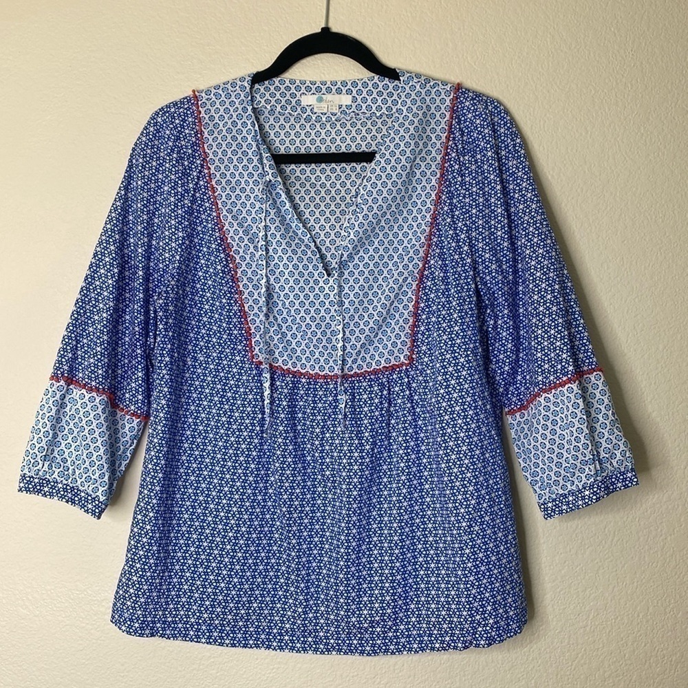 Boden blouse womens 8 eight blue white stars red Pom Pom ties EUC